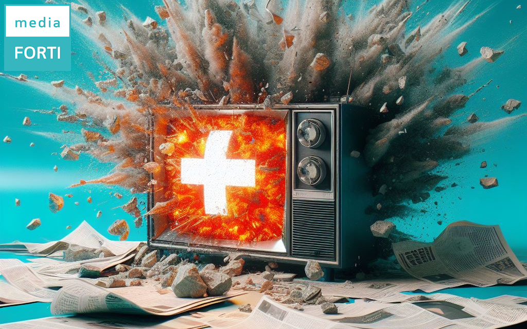 Distruzione del panorama mediatico svizzero. Created with Microsoft Image Creator, powered by DALL·E.